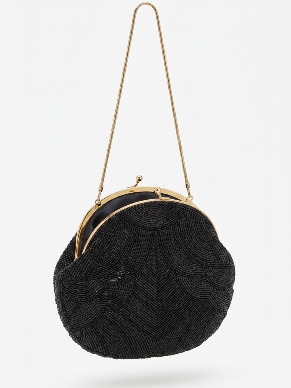 Vintage Black Beaded Handmade Round Evening Clutch with Gold Chain